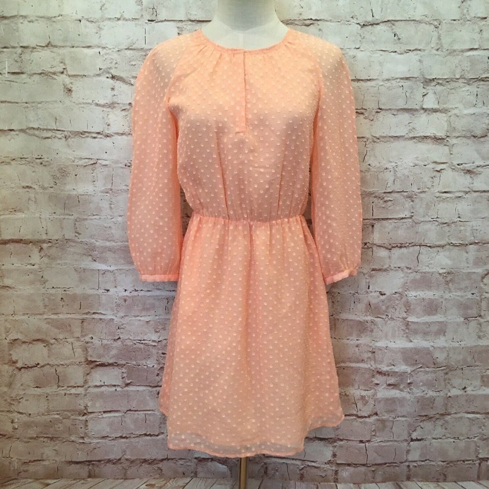 J Crew Factory Peach Swiss Dot Chiffon Blouson Dress 3/4 Sleeve Size 00 NEW